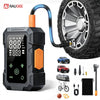 A black portable cordless tire inflator with a digital display and LED light connected to a tire.