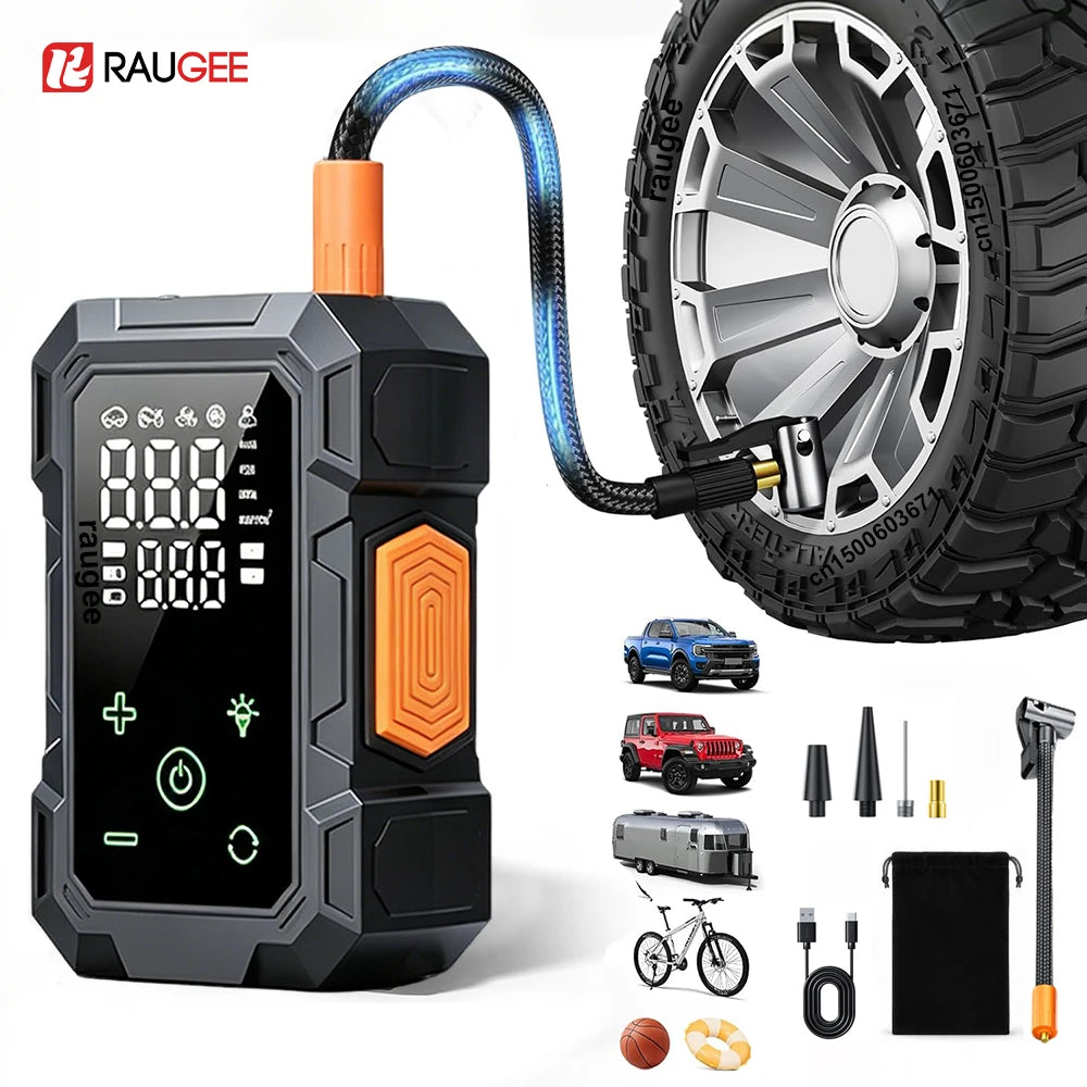 A black portable cordless tire inflator with a digital display and LED light connected to a tire.
