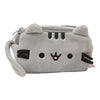 A gray cat plush pencil case with a zipper closure and black markings.