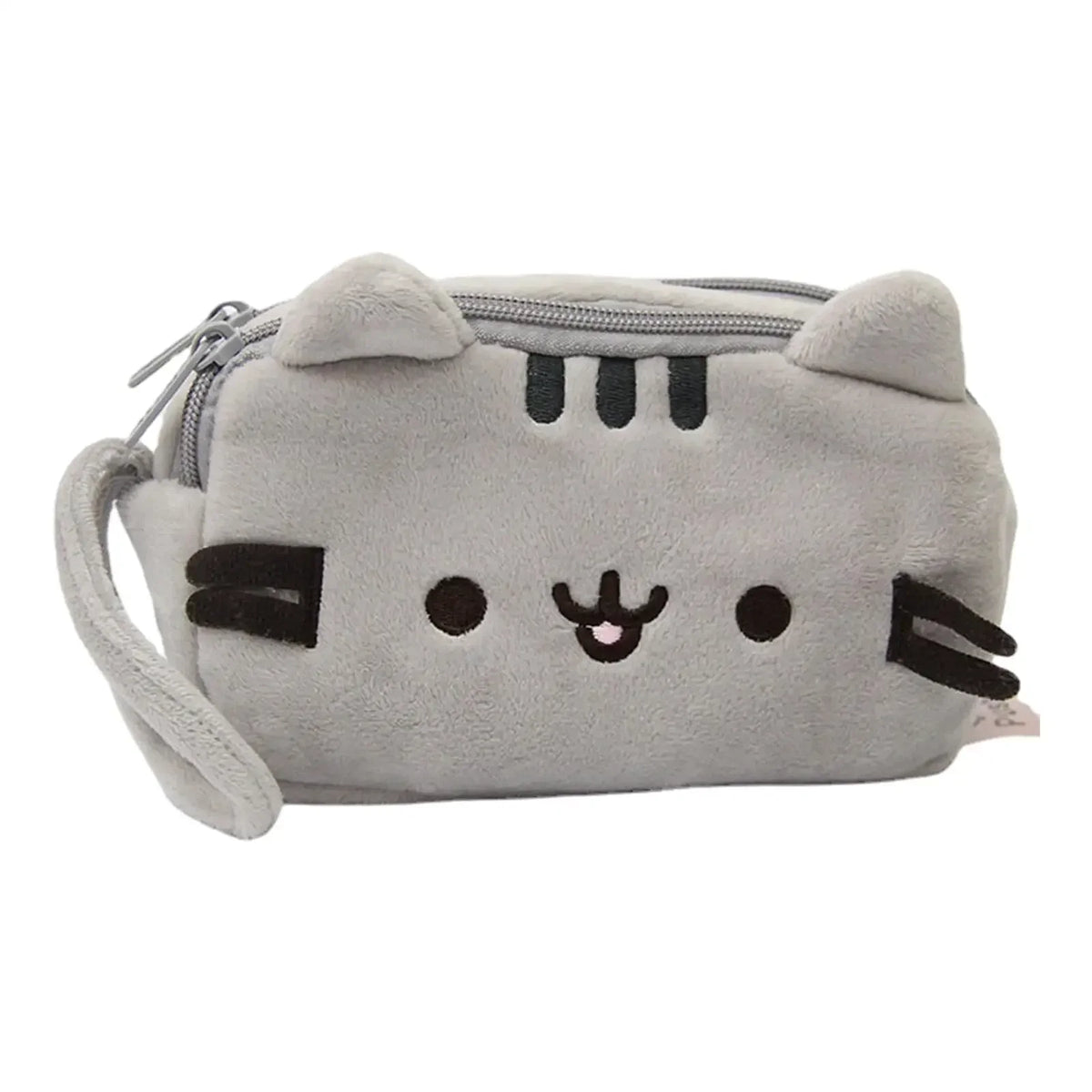 A gray cat plush pencil case with a zipper closure and black markings.