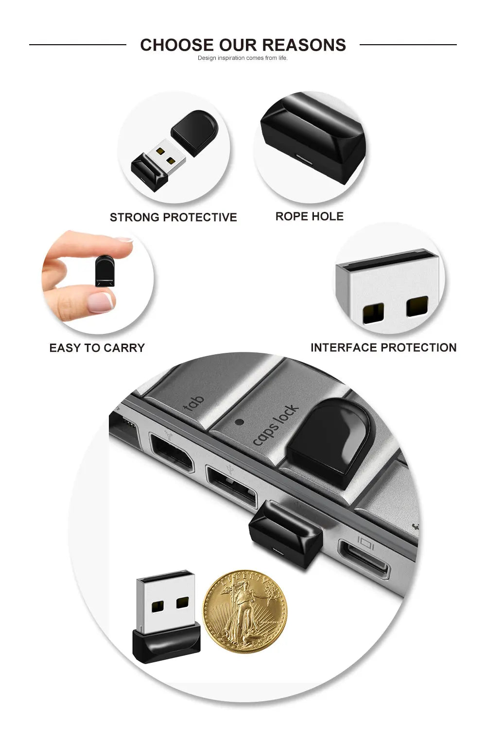 A compact USB flash drive shown with various protective features like a rope hole and interface protection.