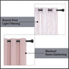 Dual layer window curtains showing a light filtering branch print and a blackout option.