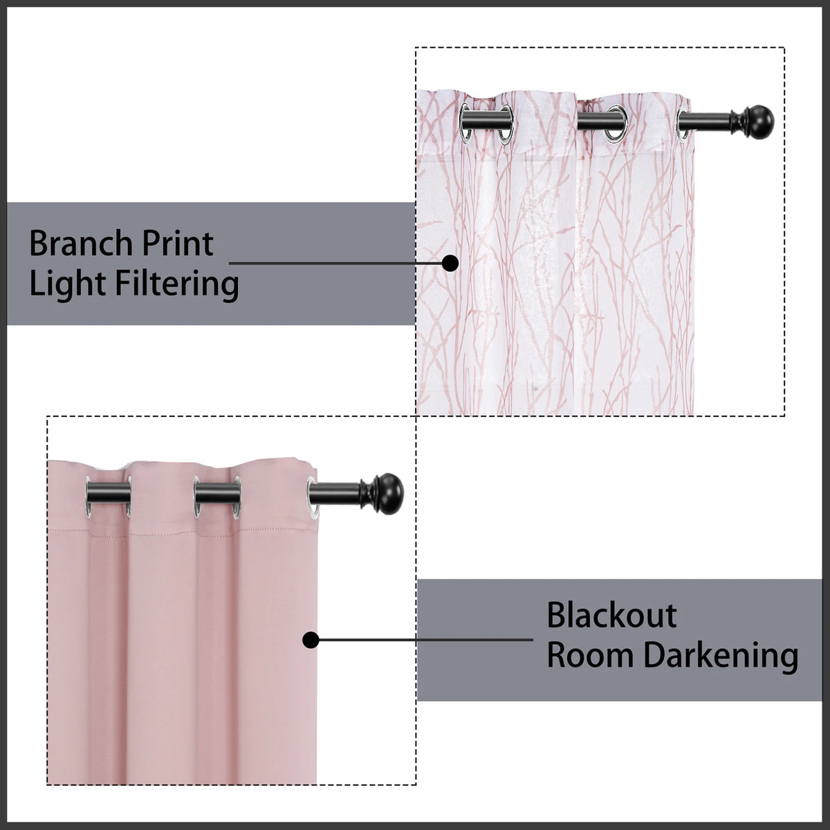 Dual layer window curtains showing a light filtering branch print and a blackout option.