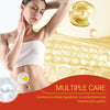 A woman applies a white soap product to her skin, with botanical extracts shown in a golden background.
