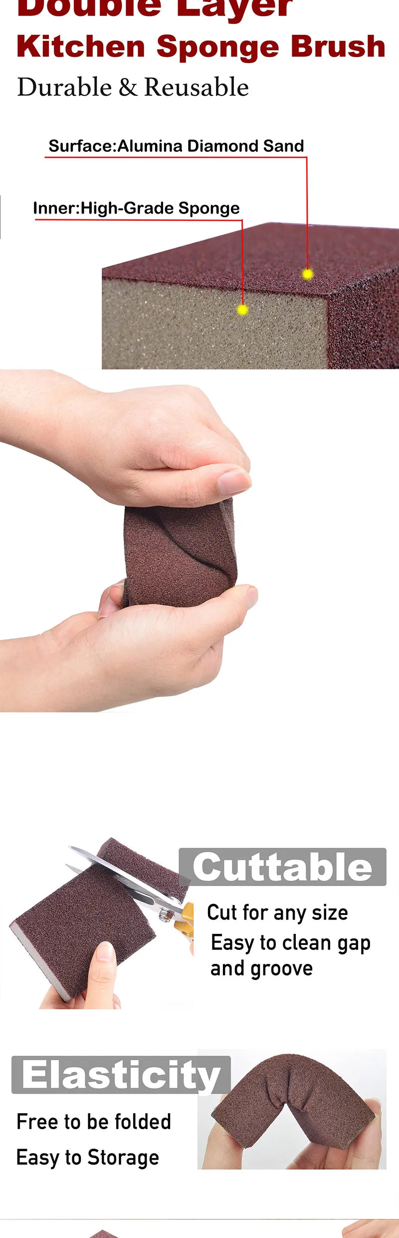 A brown kitchen sponge brush is shown being held by a hand, demonstrating its durability and ability to cut into gaps.