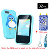A light blue smartphone case with an owl design and a black phone, along with an extra case and a 32GB SD card.