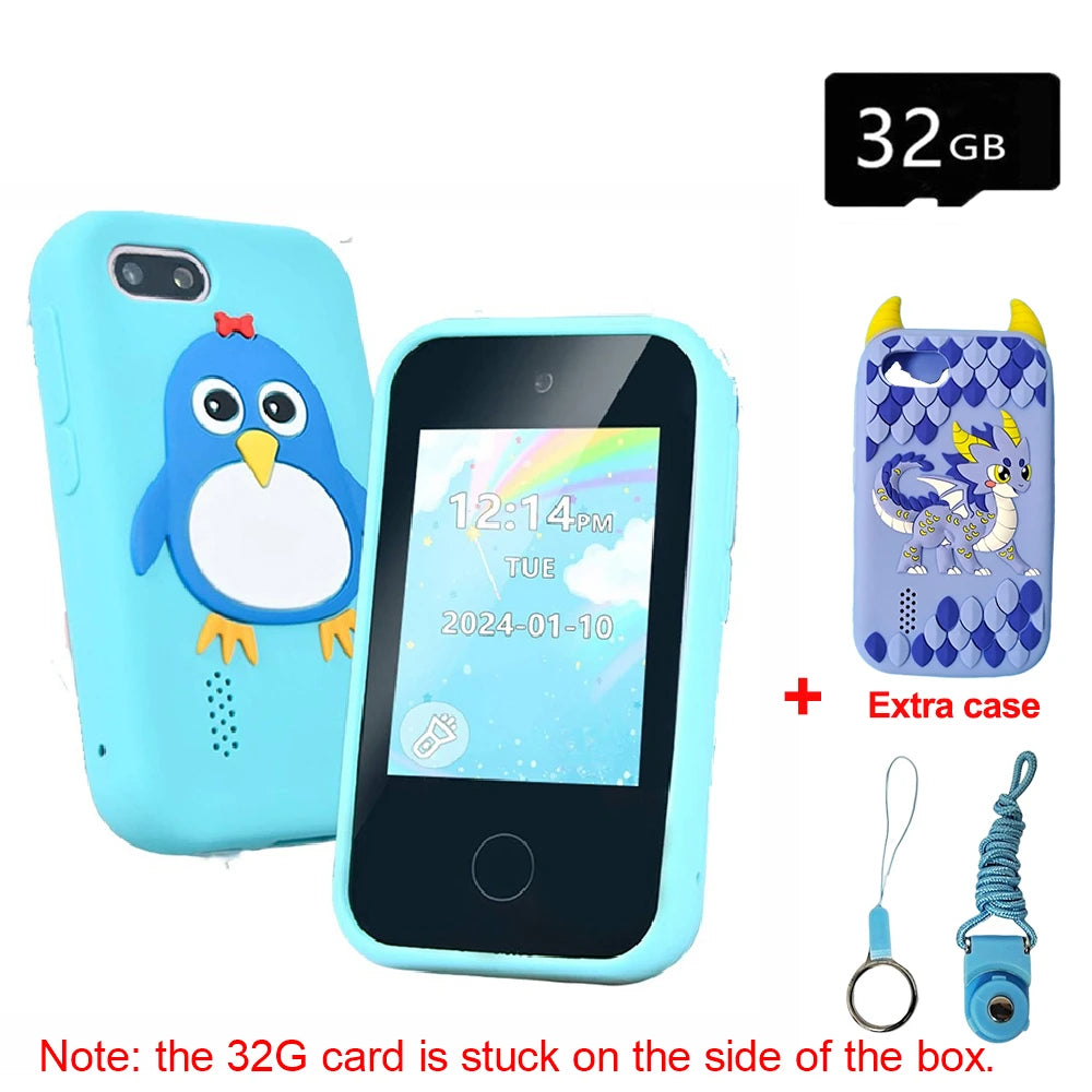 A light blue smartphone case with an owl design and a black phone, along with an extra case and a 32GB SD card.