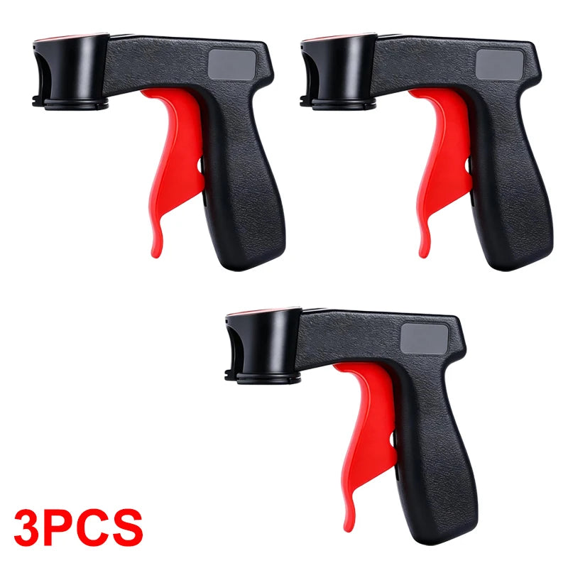 Three black and red ergonomic aerosol spray can handles with trigger grips shown from the side.
