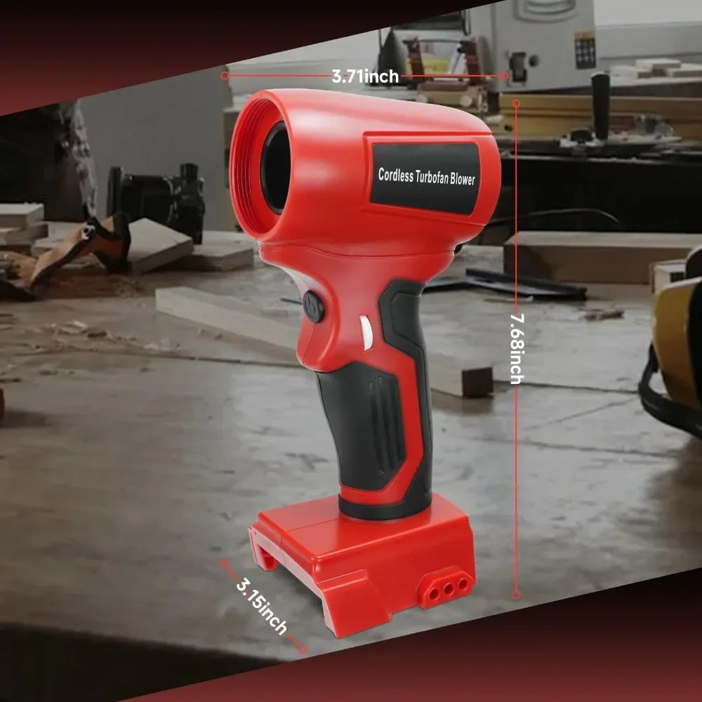 An orange cordless handheld turbo blower is shown with various dimension measurements.