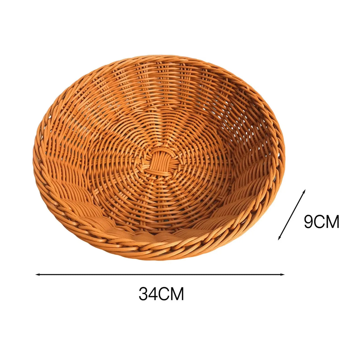 A round, handwoven wicker serving basket with a natural brown color and a diameter of 9cm and a length of 34cm.
