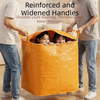 Two adults are holding an orange waterproof bag with reinforced handles, showing its durable and widened design.