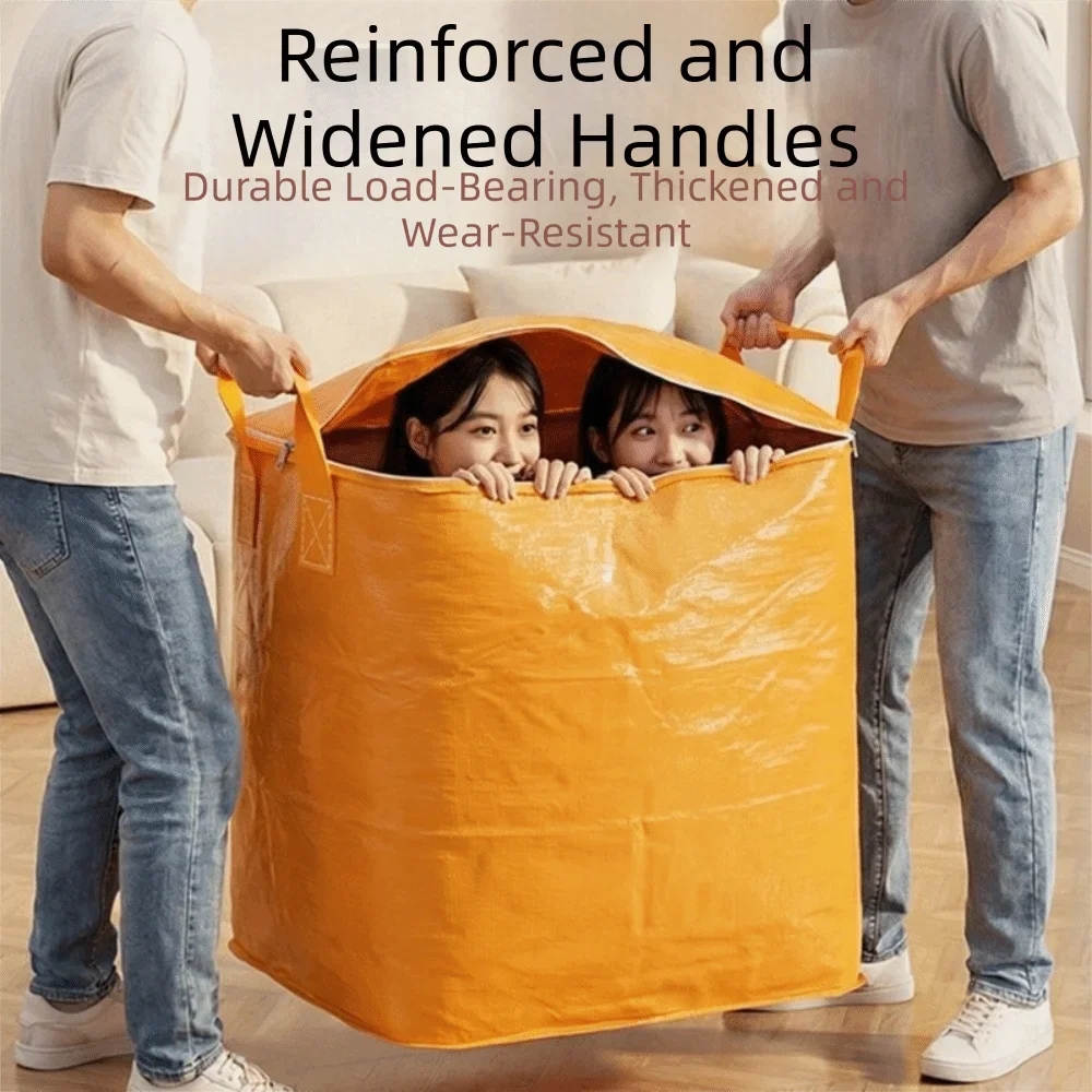Two adults are holding an orange waterproof bag with reinforced handles, showing its durable and widened design.