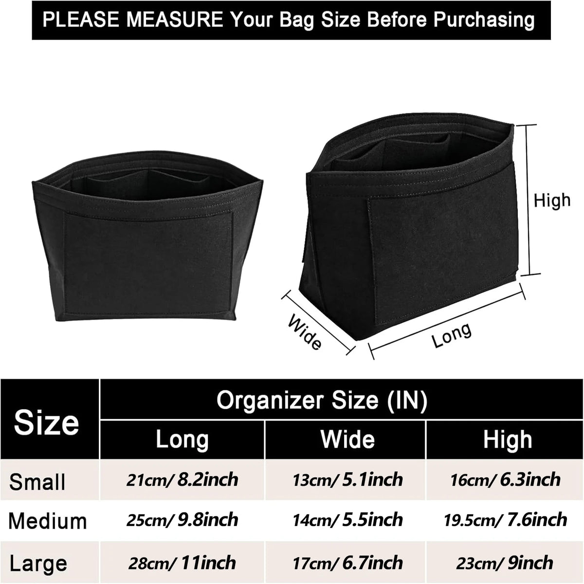 Black felt handbag organizer insert showing size options for small, medium, and large bags.