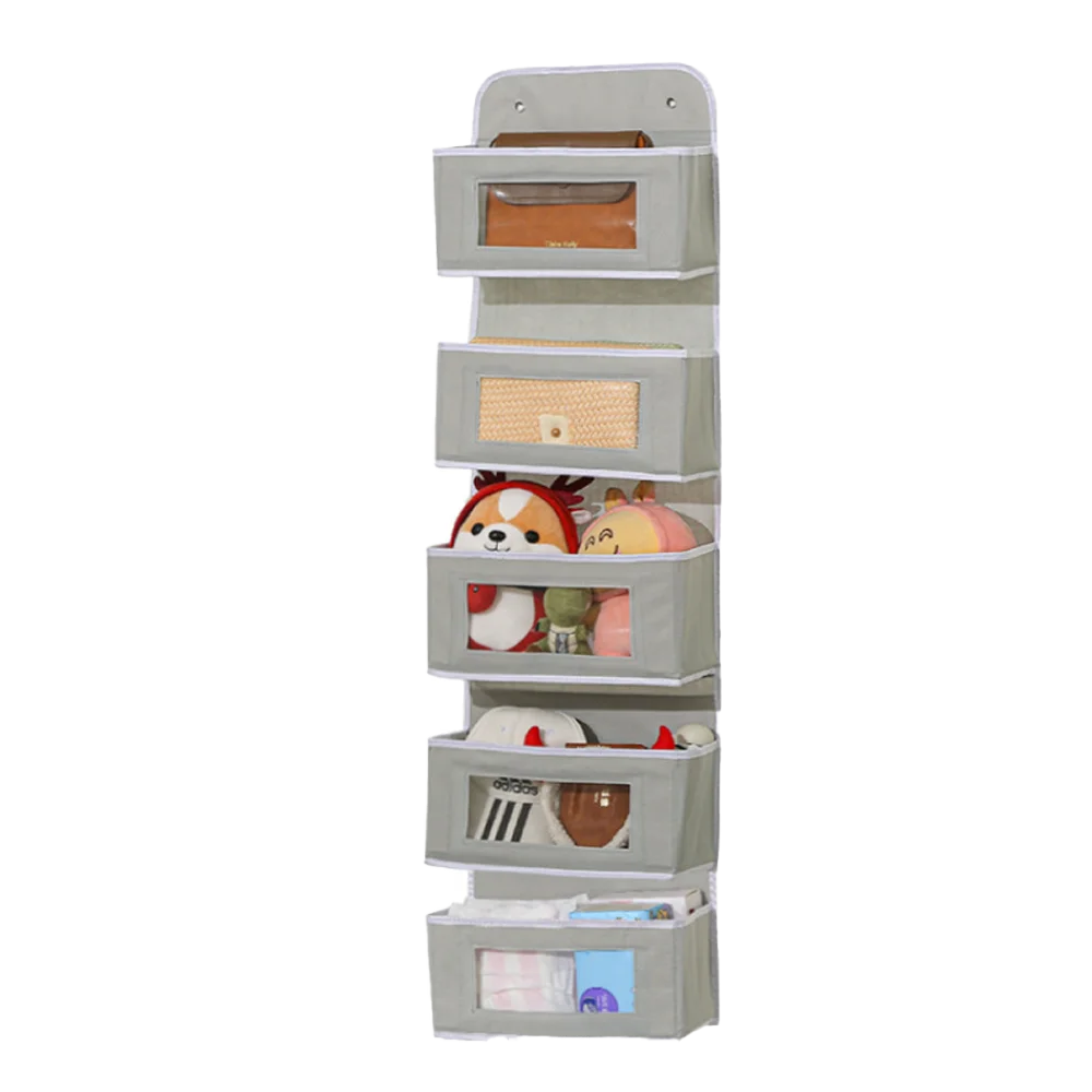 A vertical organizer with multiple compartments for hanging items, featuring light gray and beige tones.