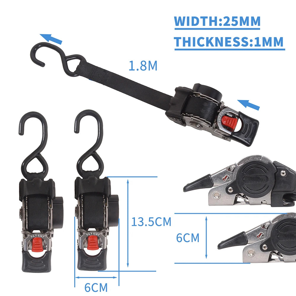 Zwei schwere Edelstahl-Ratschen-Sicherungsriemen mit 1,8m Länge und 6 cm Dicke.