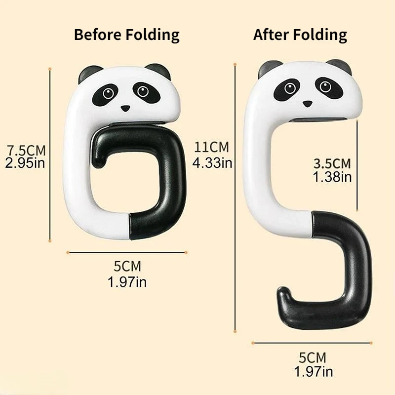 A white and black panda-themed portable bag hook shown before and after folding.