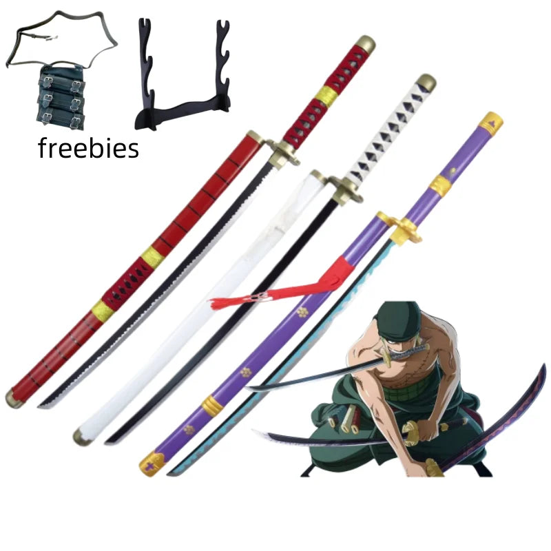 A collection of freebies including a Roronoa Zoro 41-inch katana cosplay sword and related items.