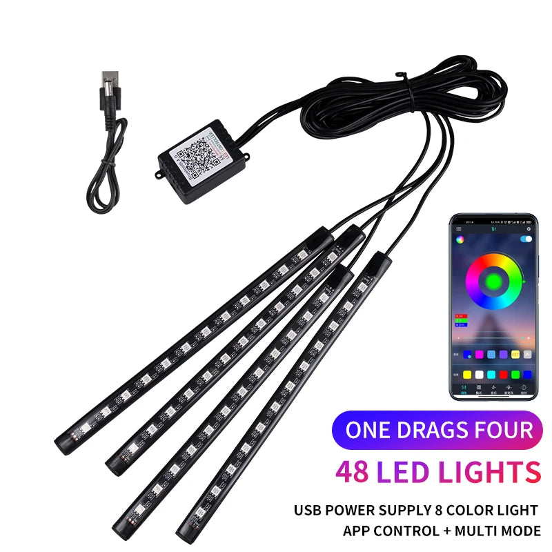 An RGB LED car interior ambient light kit with a USB power supply and remote control wires