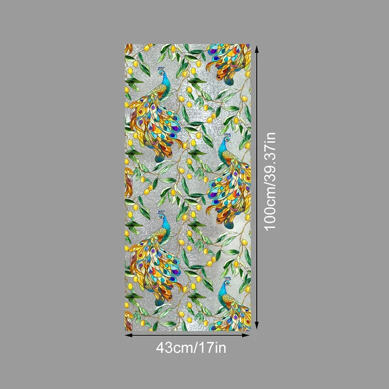 Floral stained glass window film featuring vibrant peacock designs on a silver background