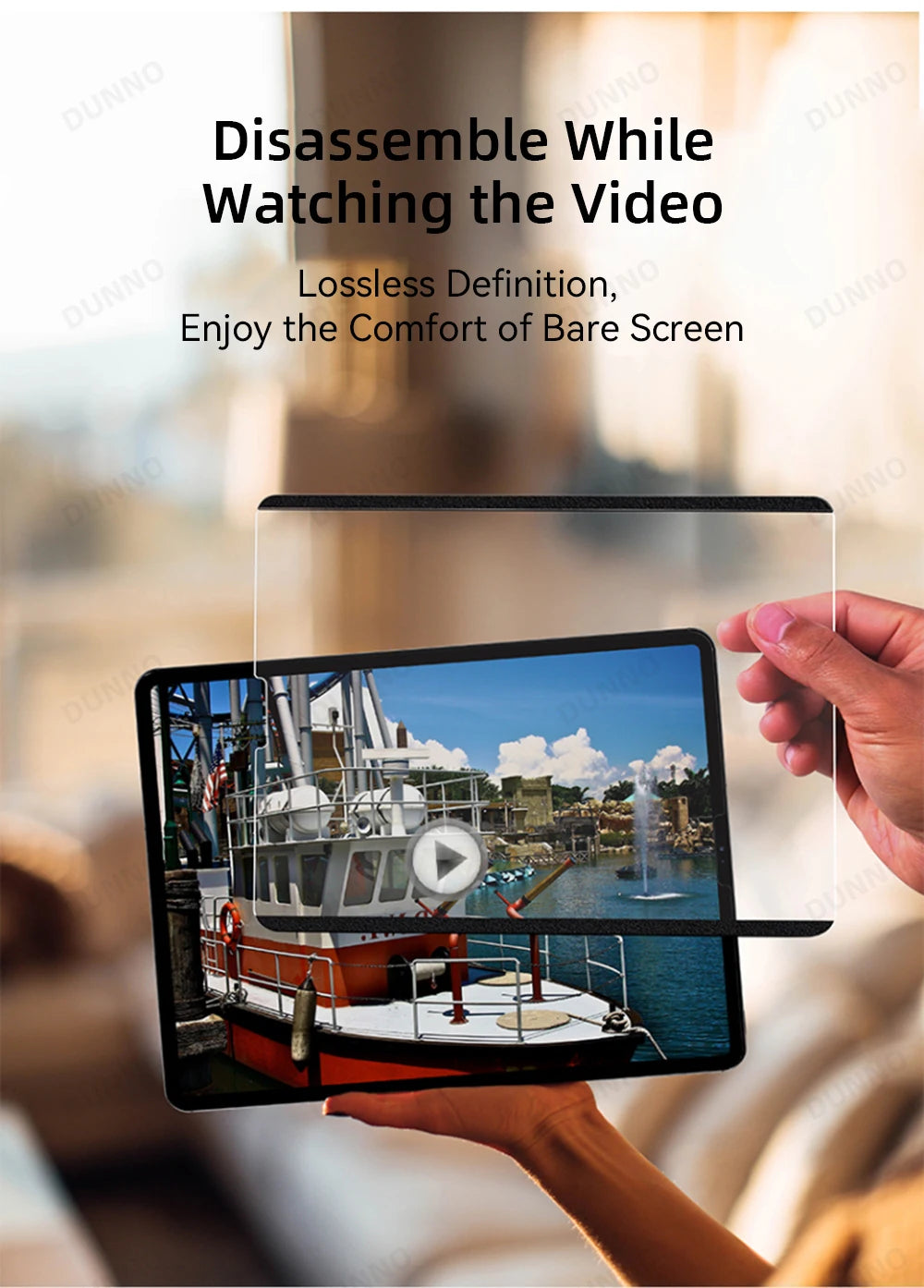 A hand holds an iPad with a clear screen protector installed, demonstrating the disassemblable feature.