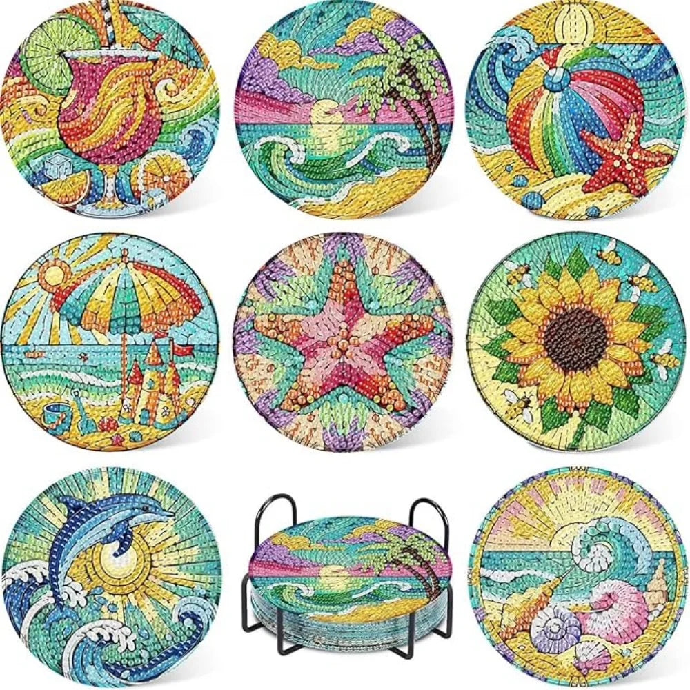 DIY Diamond Art Coaster Set with Holder – 8 Acrylic Coasters for Home Decor and Gifting