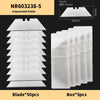 A set of 50 trapezoidal utility blades in a box with 5 pieces shown alongside the blade dimensions.