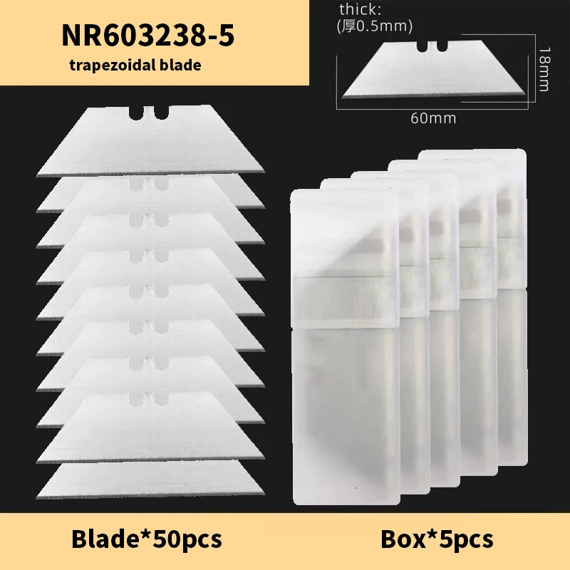 A set of 50 trapezoidal utility blades in a box with 5 pieces shown alongside the blade dimensions.