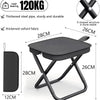 Black portable folding stool with a padded seat and storage compartment, featuring a sturdy X-shaped metal frame.