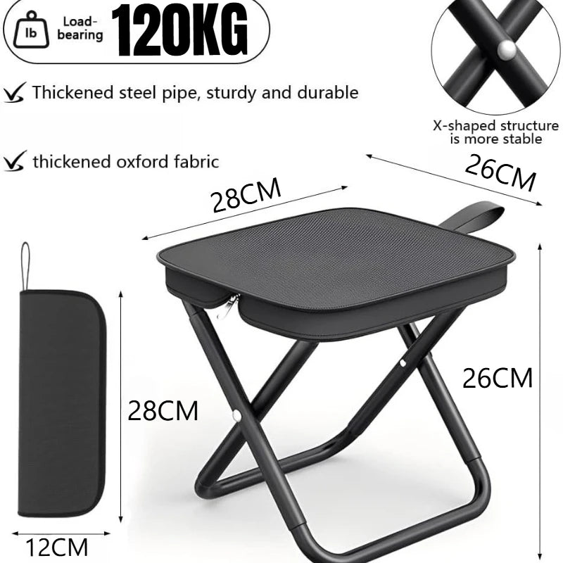Black portable folding stool with a padded seat and storage compartment, featuring a sturdy X-shaped metal frame.