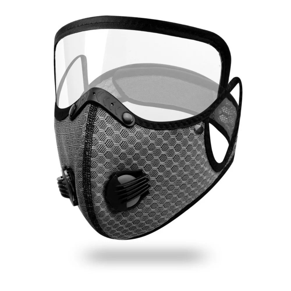 A black reusable cycling face mask with a clear shield and mesh fabric.
