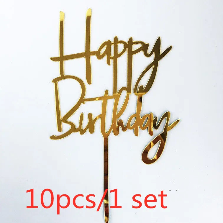 Gold Acrylic Happy Birthday Cake Toppers (Set of 10)