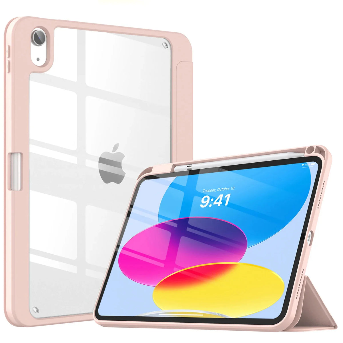 A pink slim tri-fold stand case for an iPad with a pencil holder displayed next to the tablet.