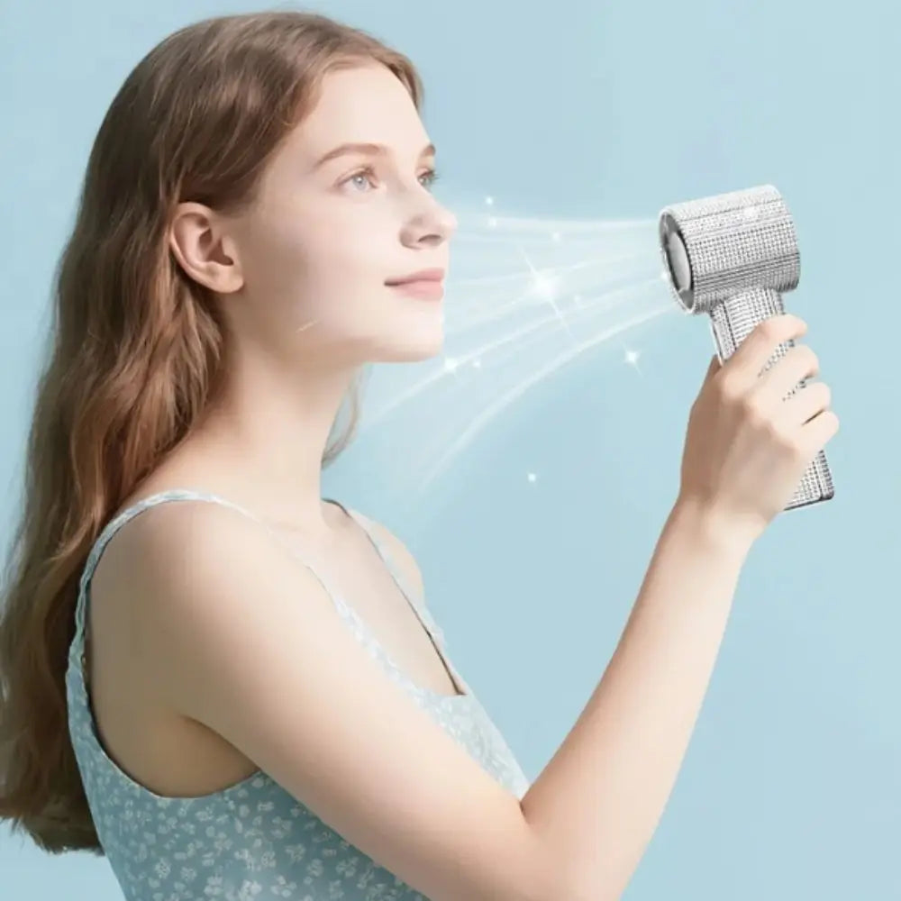 A young woman is using a sparkling diamond pattern portable fan with LED glow to create a fan effect.