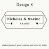A design template for a personalized engraved walnut wood ring box with a black velvet pouch, featuring the title Design 8 an