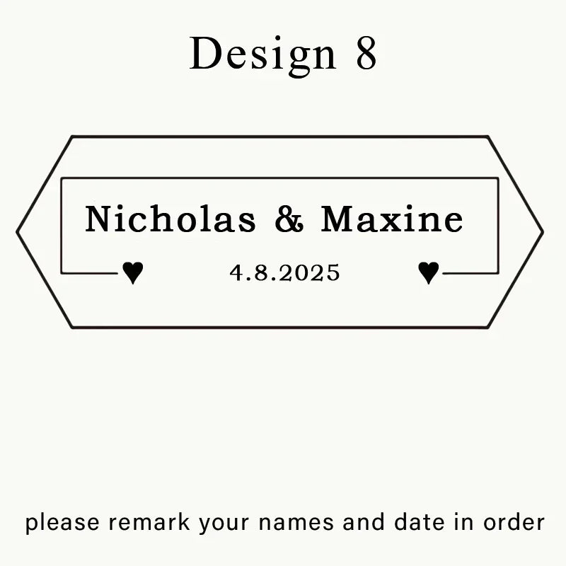 A design template for a personalized engraved walnut wood ring box with a black velvet pouch, featuring the title Design 8 an