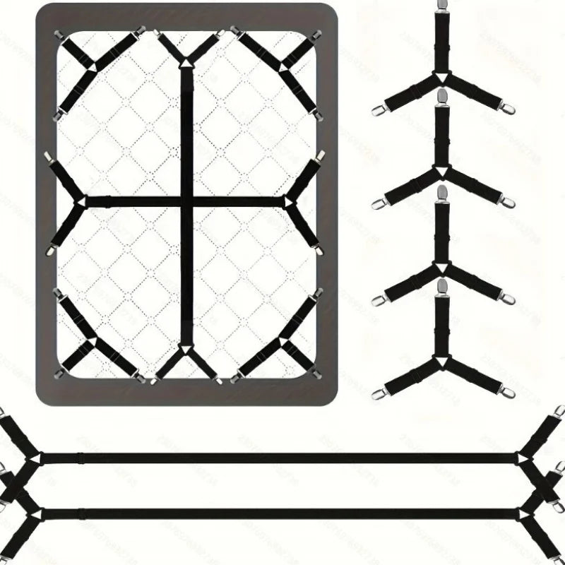 A set of adjustable bed sheet holder straps with anti-slip clips shown in various configurations.