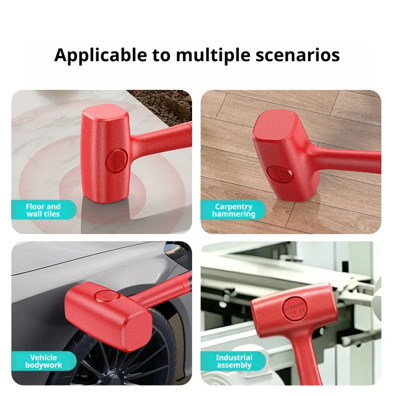 Red rubber mallet used for carpentry hammering, flooring, and vehicle bodywork tasks.