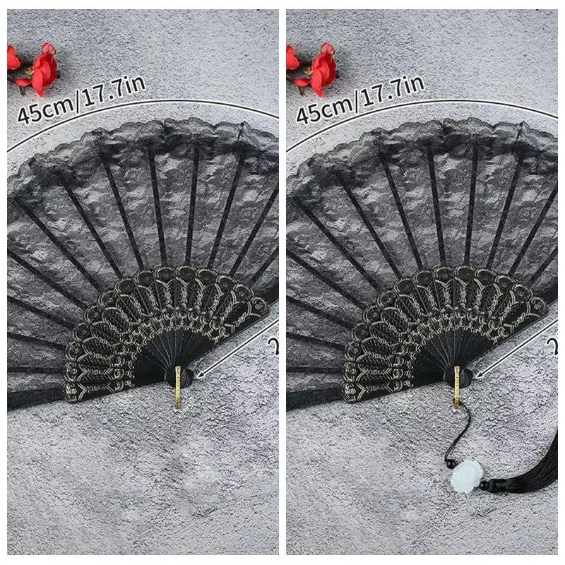 A pair of vintage lace folding hand fans in red and black are shown against a gray background.