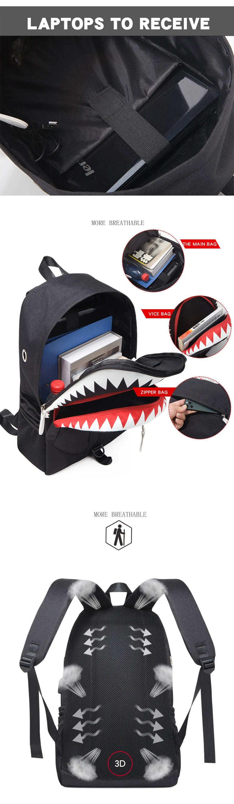 Shark Luminous USB Backpack with Anti-Theft Design
