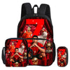 A red and black football themed backpack set featuring a main bag and a pencil bag.