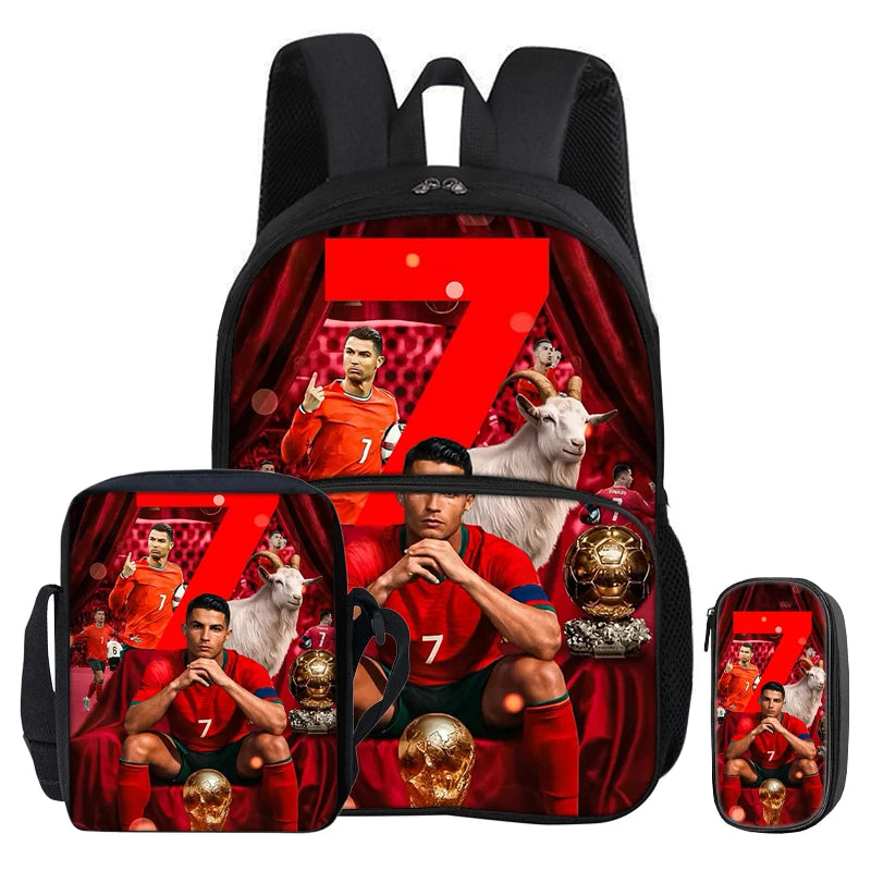 A red and black football themed backpack set featuring a main bag and a pencil bag.