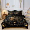 A black duvet cover set featuring a celestial sun and moon galaxy design with gold accents.