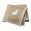 A beige soft cotton baby swaddle blanket featuring a white cartoon duck print.