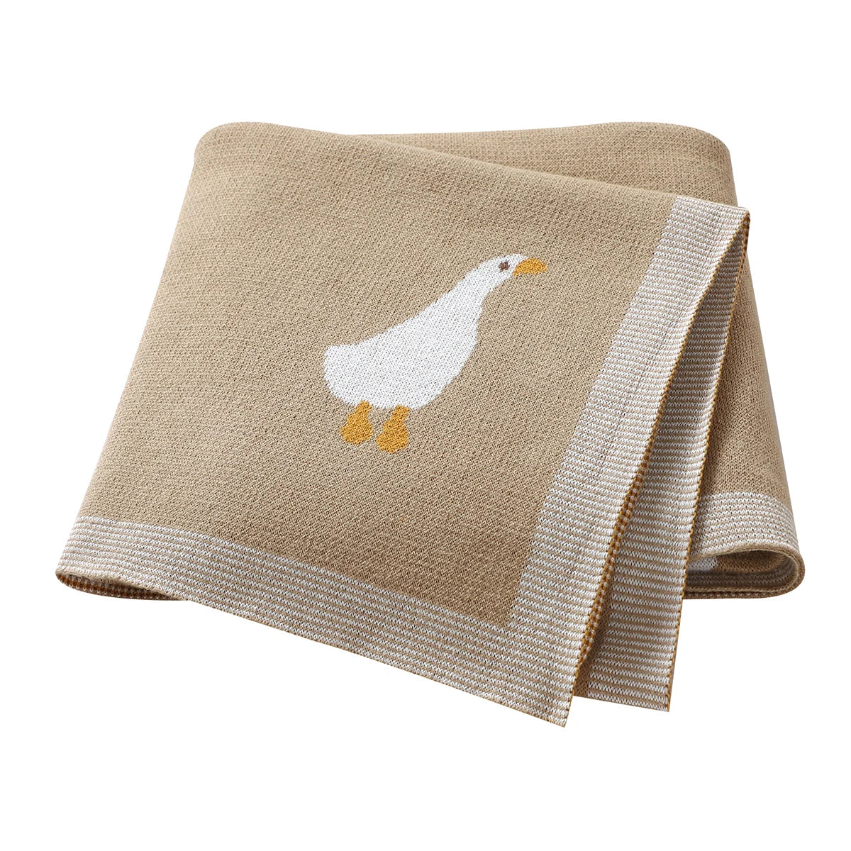 A beige soft cotton baby swaddle blanket featuring a white cartoon duck print.