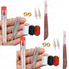 A hand holds a sewing needle assortment including large-eye and machine needles, along with spools of thread.