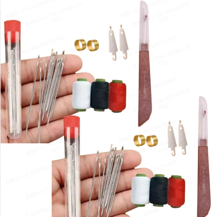 A hand holds a sewing needle assortment including large-eye and machine needles, along with spools of thread.