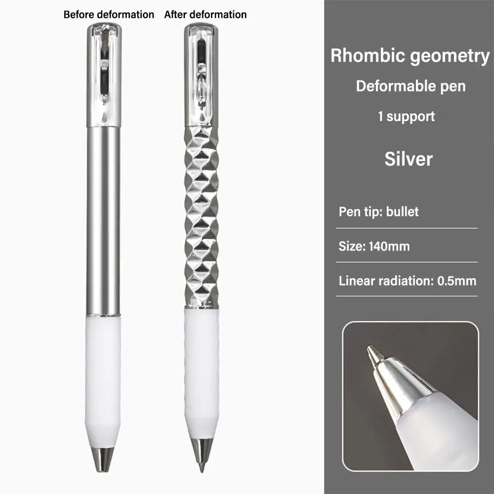 Silver rhombic geometry deformable pen with a bullet tip and support