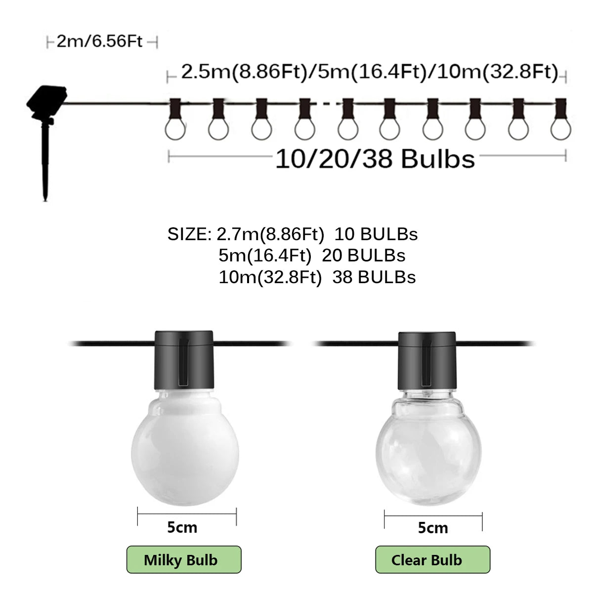 Diagram showing spacing and bulb count for a 2.7m string light with milky and clear bulbs.
