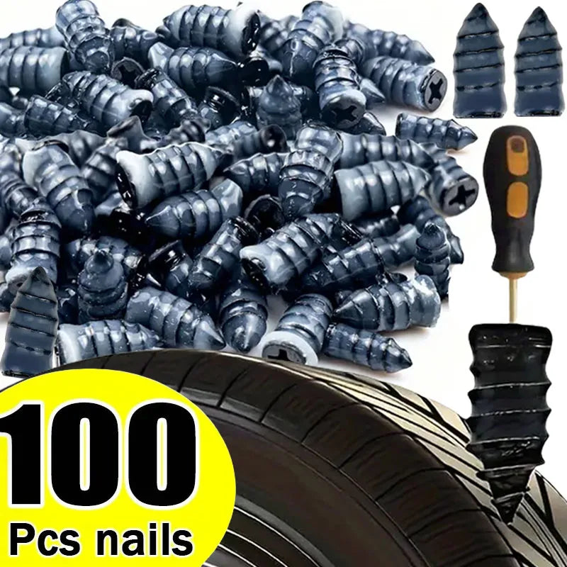 A pile of 100 black tire repair nails next to a tire tread and a single nail.