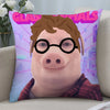 A novelty throw pillow featuring a cartoon pig character with glasses and pink text.